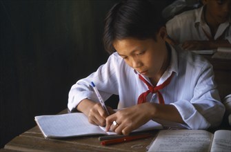 VIETNAM, Dong Nai, Secondary school student writing at a desk in the classroom
