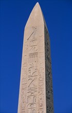 EGYPT, Nile Valley, Karnak, Precinct of Amun.  Hatshepsut obelisk with relief carving and