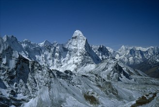 NEPAL, Himalayas, View of the mountain range and Mount Everest peak