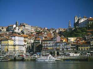 PORTUGAL, Porto, Oporto, City view from the River Douro toward the Ribeira District with Clerigos