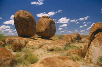 AUSTRALIA, Northern Territory, Devils Marbles N. P., Huge balancing sandstone boulders.
