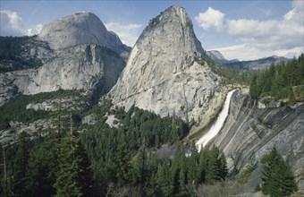 USA, California, Yosemite National Park, View of Nevada Falls with Half Dome in the background seen