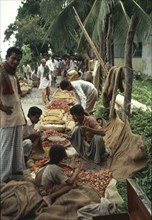 BANGLADESH, General, Food market on pavement with produce in jute bags