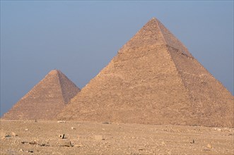 EGYPT, Cairo Area, Giza, Great Pyramid of Cheops or Khufu partly seen behind Pyramid of Chephren
