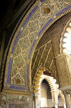 SPAIN, Andalucia, Seville, Santa Cruz District. The Royal Alcazar archway detail