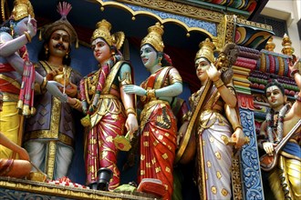 SINGAPORE, Central, Chinatown, Sri Mariamman Temple. Detail of brightly coloured Hindu carvings