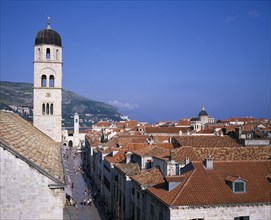 CROATIA, Dalmatia, Dubrovnik, Aerial view over the Placa or main street from Pile Gate looking