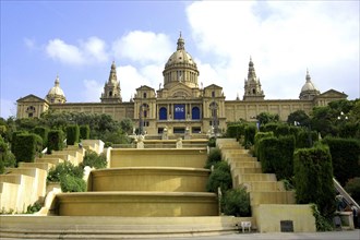 SPAIN, Catalonia, Barcelona, Royal Palace Museum facade with domed roof and steps leading down to