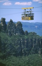 AUSTRALIA, New South Wales, Blue Mountains, The Skyway gondola passing the famous Three Sisters