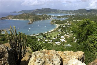 WEST INDIES, Antigua, Aerial view over Falmouth Harbour and coastline
