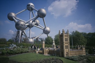 BELGUIM, Brabant, Brussels, Model of Houses of Parliament with Atomium behind.