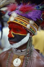 PAPUA NEW GUINEA, Tribal People, Eastern Highlander with head dress made of dyed chicken feathers