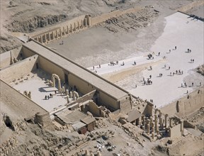 EGYPT, Nile Valley, Thebes, Hatshepsut Mortuary Temple. Deir el-Bahri. Elevated view from limestone
