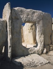 MALTA, Marsaxlokk, Hagar Qim prehistoric site with view of carved doorway.