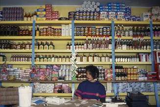 DOMINICAN REPUBLIC, Shop, Woman behind counter in general store in front of goods on shelves behind