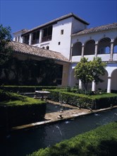 SPAIN, Andalucia, Granada, The Alhambra. Generalife Gardens. Jardin de Sultana with fountains and