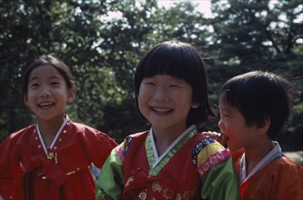 SOUTH KOREA, Seoul, Girls wearing traditional dress.