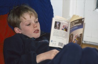 EDUCATION, Literacy, Reading, Boy reading a paper back book