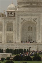 INDIA, Uttar Pradesh, Agra, "A section of the white marble Taj Mahal exterior section including the