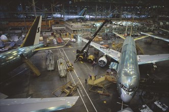 USA, Washington , Everett, Boeing 747 and 767s under construction at the main assembly building.