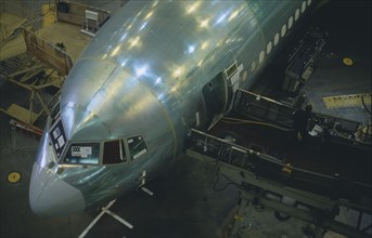 USA, Washington, Everett, Boeing 767 airliner under construction at the main assembly building.