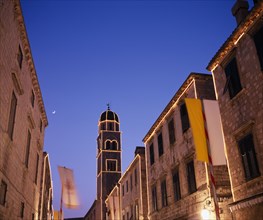 CROATIA, Dalmatia, Dubrovnik, View along the Stradun toward the Francisan Monastery tower