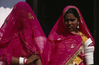 INDIA , Rajasthan, Thar Desert, Veiled Moslem bride with a female friend