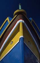 MALTA, Marsaxlokk, Detail of colourful Luzzu boat with watchful eye.