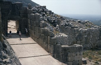 GREECE, Peloponese, Mycenae, The Lion Gate and walls of ancient ruined citadel.