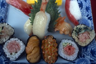JAPAN, Honshu, Tokyo, Ginza. Close up display of plastic sushi