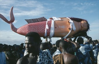 GHANA, Teshie, Coffin made and painted to resemble a mermaid for Ga tribal priestess of sea god