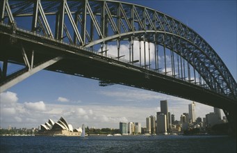 AUSTRALIA, New South Wales, Sydney, View through Harbour Bridge toward the Opera House