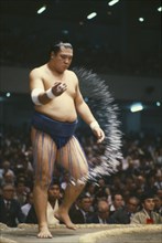 JAPAN, Honshu, Tokyo, Sumo wrestler throwing salt