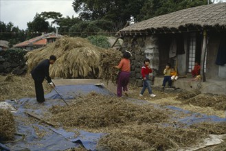 SOUTH KOREA, Agriculture, Farming family working outside thatched building