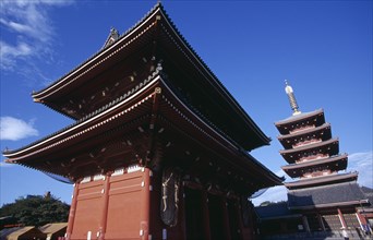 JAPAN, Honshu, Tokyo, Asakusa. Senso Ji Temple. Angled view of the Five Storey Pagoda and another