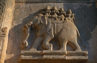 INDIA, Karnataka, Hampi, Bas relief carving of war elephant on Krishna temple.