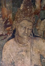 INDIA, Maharashtra, Ajanta Caves, Detail of fresco depicting Prince Vish Vantara in Cave One.