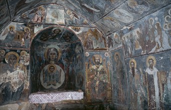 GREECE, Peloponnese, Mani Peninsula, Stoupa. Interior of church with Frescoes.