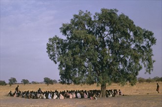 SUDAN, General, Shilluk tribespeople gathered under a tree in the shade for story telling