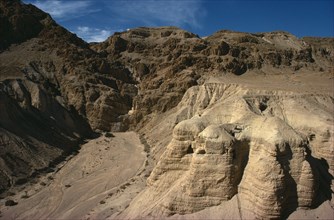 ISRAEL, West Bank, Qumran Caves, View of eroded rock canyon where the Dead Sea scrolls were found