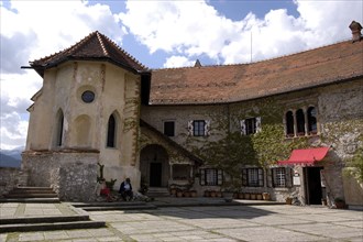 SLOVENIA, Lake Bled, Bled Castle seen from the courtyard