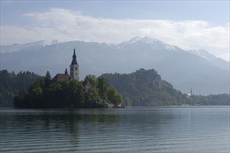 SLOVENIA, Lake Bled, View over the lake toward Bled Island and tower of the Church of the