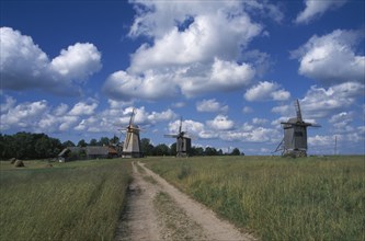 ESTONIA, Saaremaa Island, Dirt track leading to windmills in agricultural landscape with dramatic