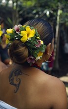 PACIFIC ISLANDS, Polynesia, French Polynesia, "Marquesas Islands.  Ua Huka.  Dancer wearing umuhei