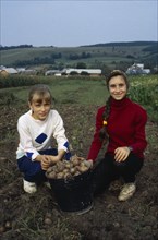 UKRAINE, Ivano Frankivsk, Girls helping with potato harvest.