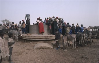 BURKINA FASO, Sahel, Crowds of people with donkeys collecting water from well.
