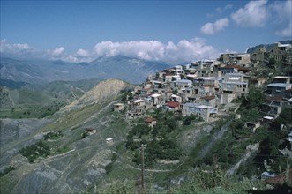 RUSSIA, Dagestan, Chok, Former caravanserai or merchants inns on hillside.