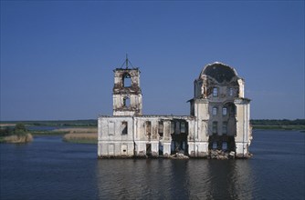 RUSSIA, Volga River, Ruined remains of drowned church in stretch of the River Volga.