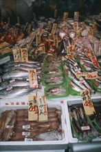 JAPAN, Honshu, Tokyo, Fish display in supermarket.