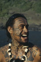 PACIFIC ISLANDS, Polynesia, French Polynesia, Marquesas.  Ua Huka.  Portrait of tattooed islander.